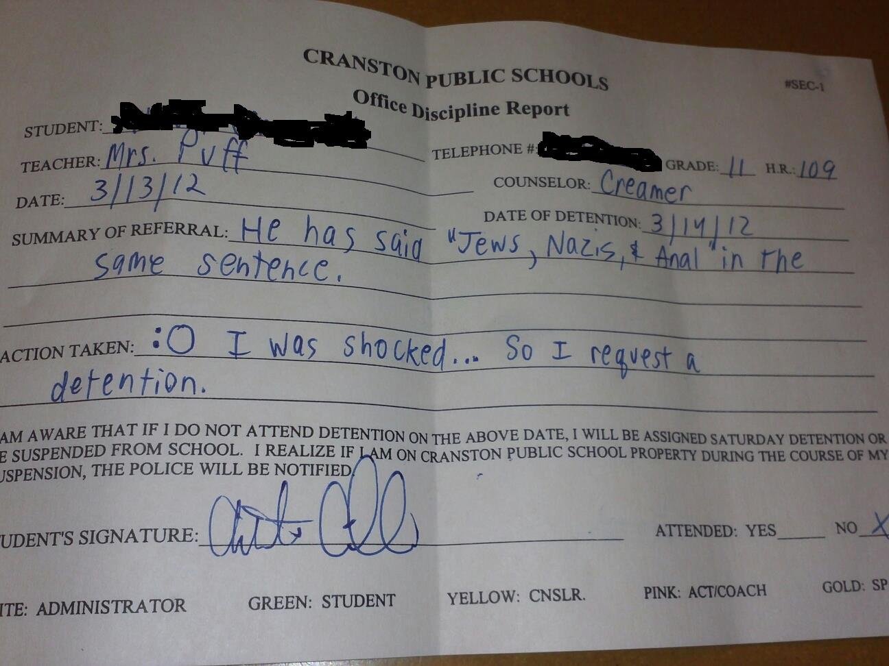 Detention Slip