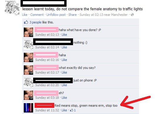 Green means stop. funny FB status