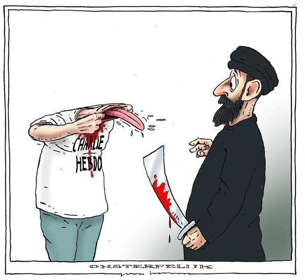 Je suis Charlie. The cartoon depicts a murdered cartoonist still showing his tongue to the killer. The bottom says 