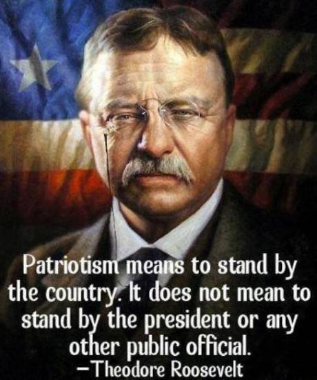 Patriotism. . patriot's means to stand by the country's: does not mean to stand b the president or any er public official. Theodore Roosevelt