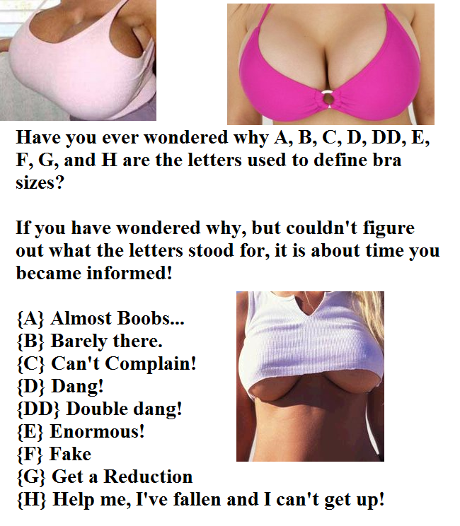 Bra sizes: A- almost boobs B - barely boobs C- can't complain D