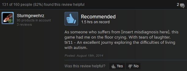 Depression Quest Steam reviews. . u.',' t Captain A Recommended is bad it literally destroyed the videogame journalism industry. was as this IE., .// helpful"; 