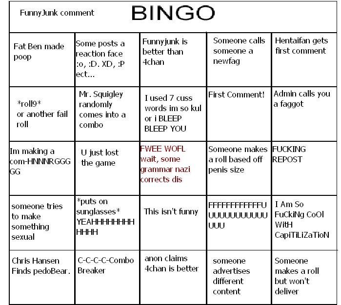 Funny Junk comment Bingo