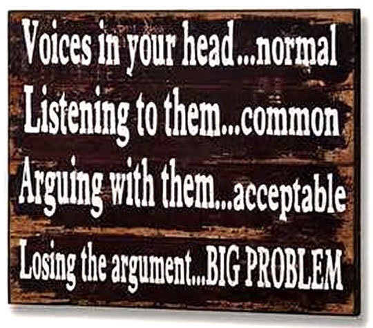 Not according to the voices in my head. Remember therapist need money to diagnose you with things.. Voices in your head... norm; l ” Listening to " y. We don't argue, we just laugh. And laugh. And laugh.
