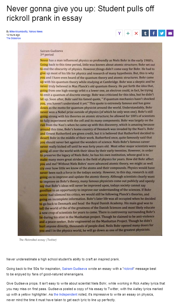 Never gonna give you up: Student pulls off rickroll prank in essay