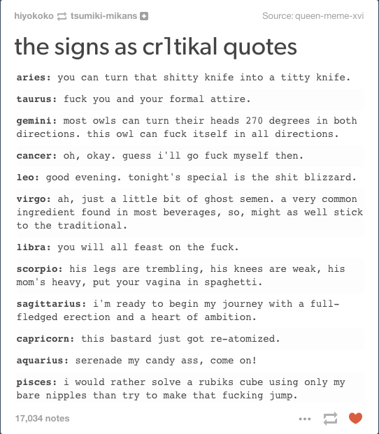 Zodiac signs as Cr1tikal quotes